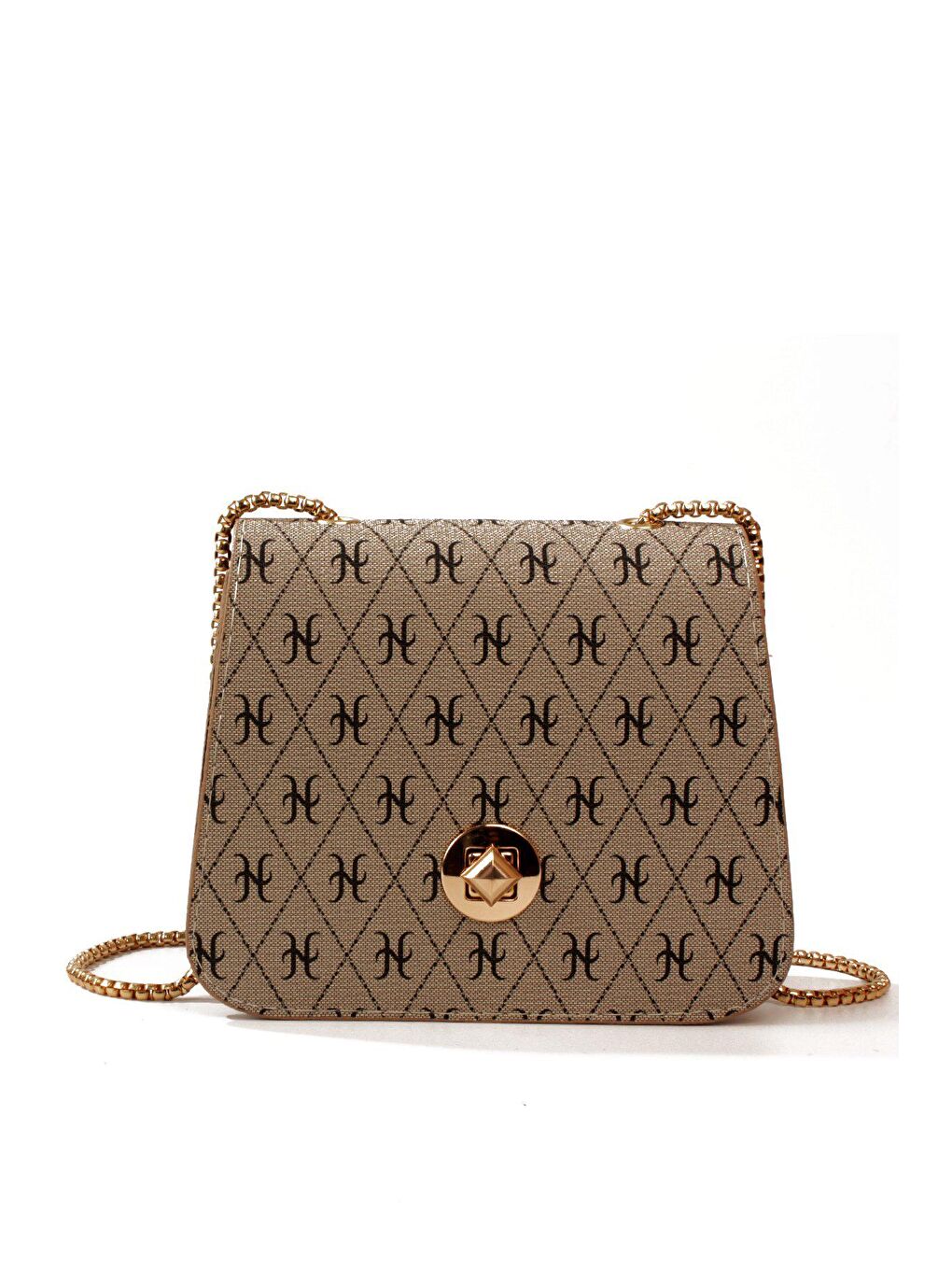 Bej Kadın Zincir Askılı Desenli Deri Şişe Dibli Kilitli Üst Kapak Kararmaz Aksesuar Omuz Çantası (20815)-1