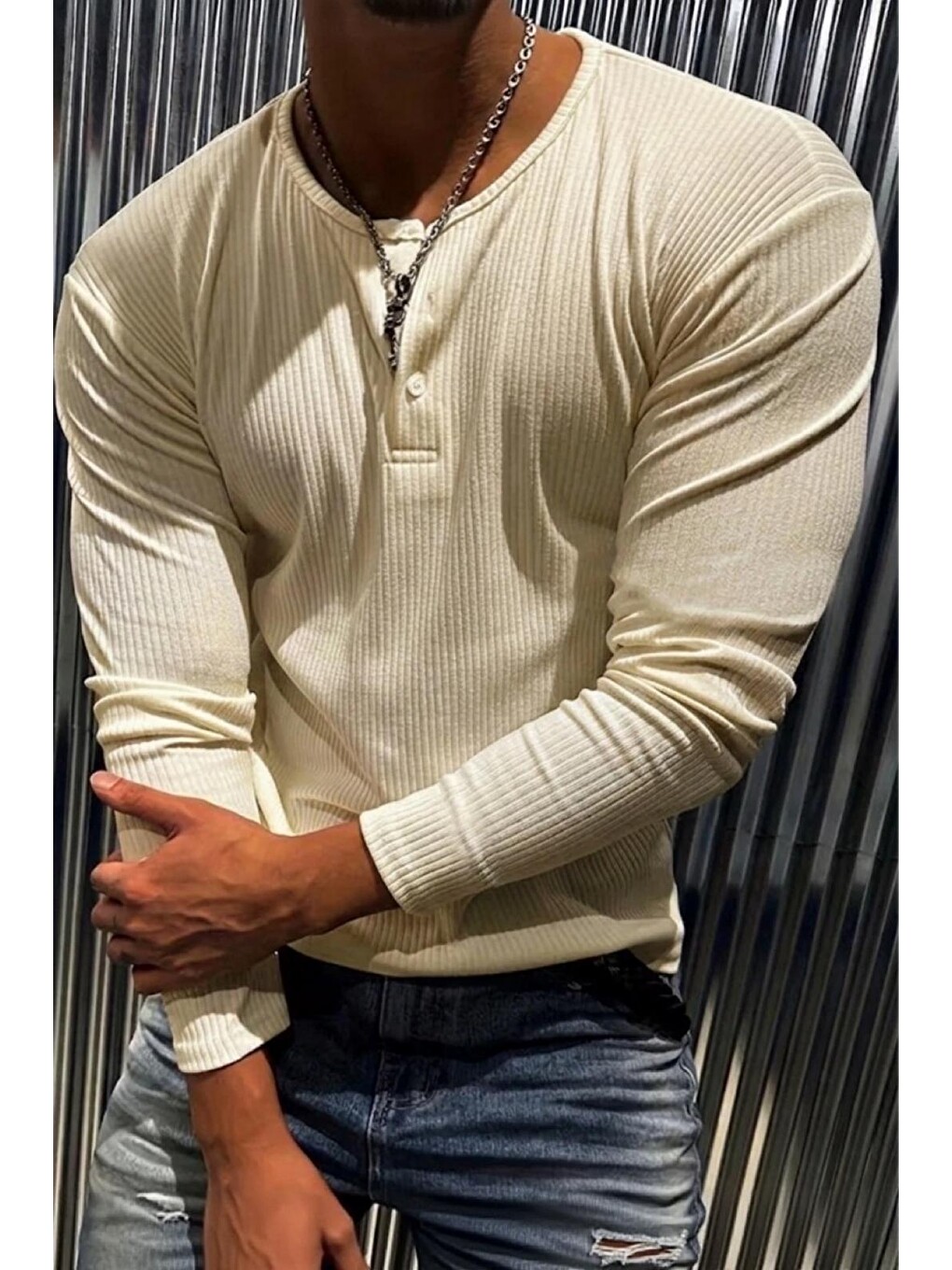 Ekru Mecho Erkek Slim Fit Elastanlı Henley Yaka Uzun Kollu Tişört - Düğmeli Esnek Kumaş-1