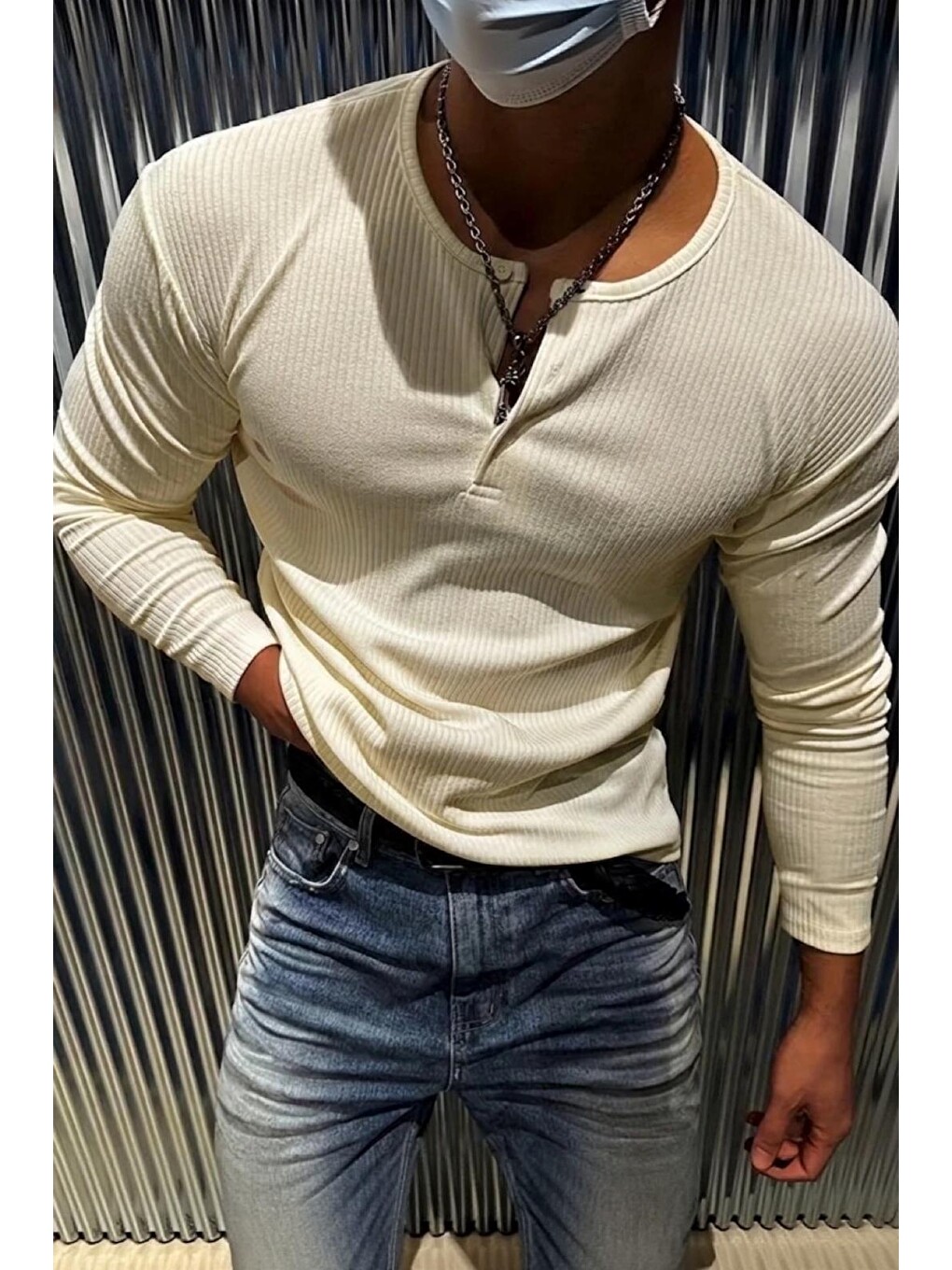 Ekru Mecho Erkek Slim Fit Elastanlı Henley Yaka Uzun Kollu Tişört - Düğmeli Esnek Kumaş-2