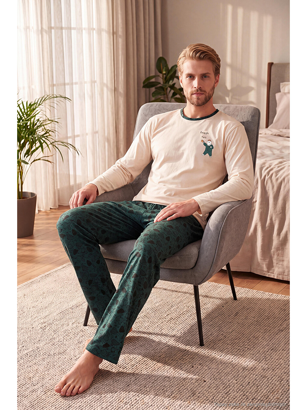 Yeşil Baskılı Pamuklu Bisiklet Yaka Uzun Kollu Pijama Takımı 6575004-2