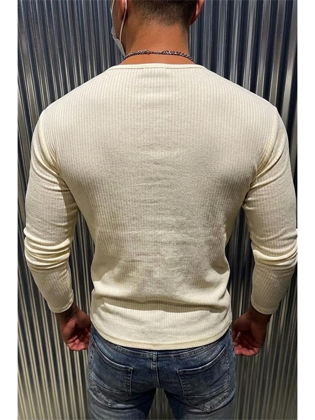 Ekru Mecho Erkek Slim Fit Elastanlı Henley Yaka Uzun Kollu Tişört - Düğmeli Esnek Kumaş-3