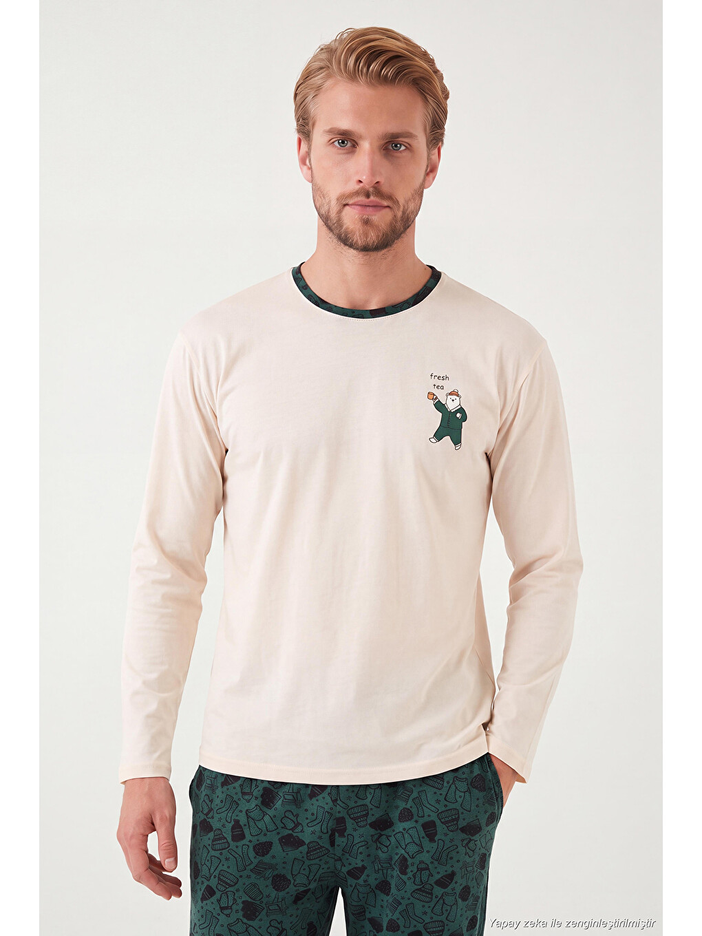 Yeşil Baskılı Pamuklu Bisiklet Yaka Uzun Kollu Pijama Takımı 6575004-3