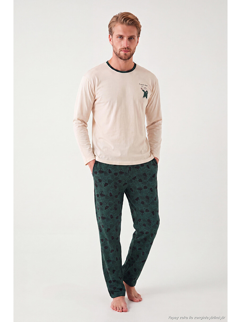 Yeşil Baskılı Pamuklu Bisiklet Yaka Uzun Kollu Pijama Takımı 6575004-4