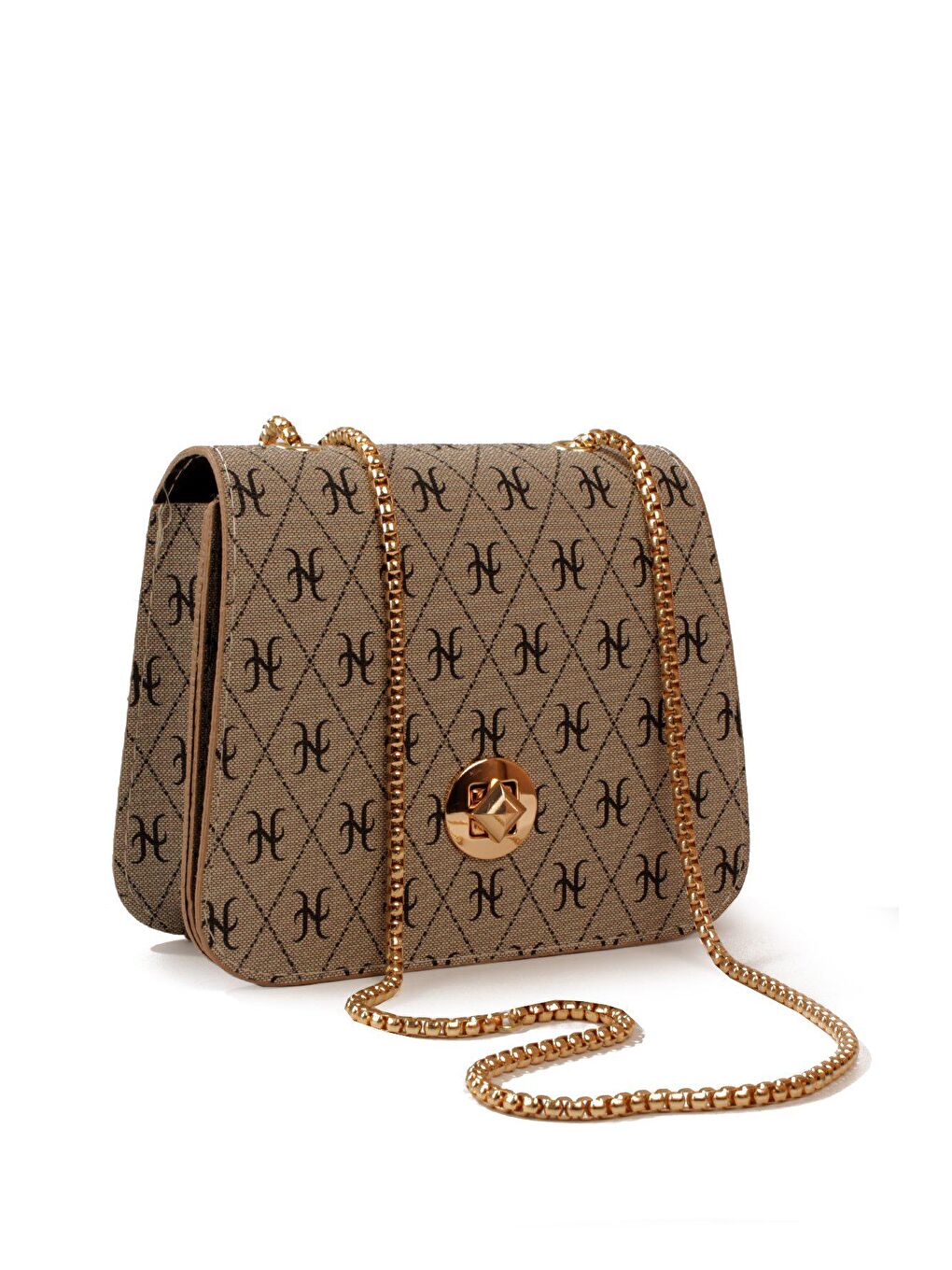 Bej Kadın Zincir Askılı Desenli Deri Şişe Dibli Kilitli Üst Kapak Kararmaz Aksesuar Omuz Çantası (20815)-2