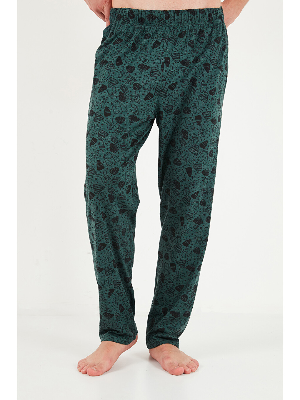 Yeşil Baskılı Pamuklu Bisiklet Yaka Uzun Kollu Pijama Takımı 6575004-5