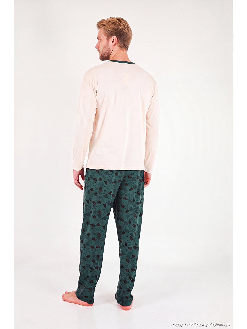 Yeşil Baskılı Pamuklu Bisiklet Yaka Uzun Kollu Pijama Takımı 6575004-6