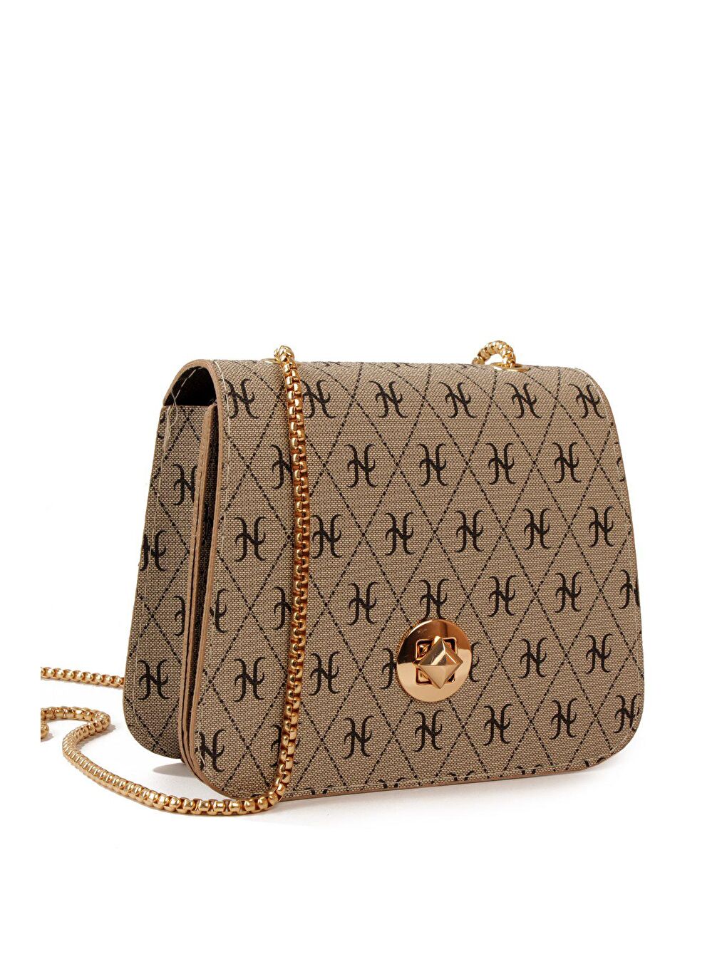 Bej Kadın Zincir Askılı Desenli Deri Şişe Dibli Kilitli Üst Kapak Kararmaz Aksesuar Omuz Çantası (20815)-3