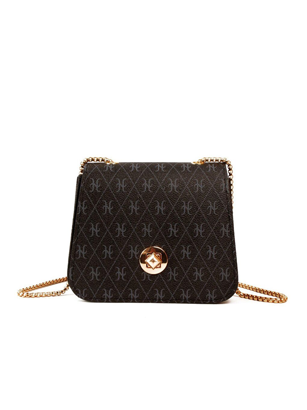 Siyah Kadın Zincir Askılı Desenli Deri Şişe Dibli Kilitli Üst Kapak Kararmaz Aksesuar Omuz Çantası (20815)-1