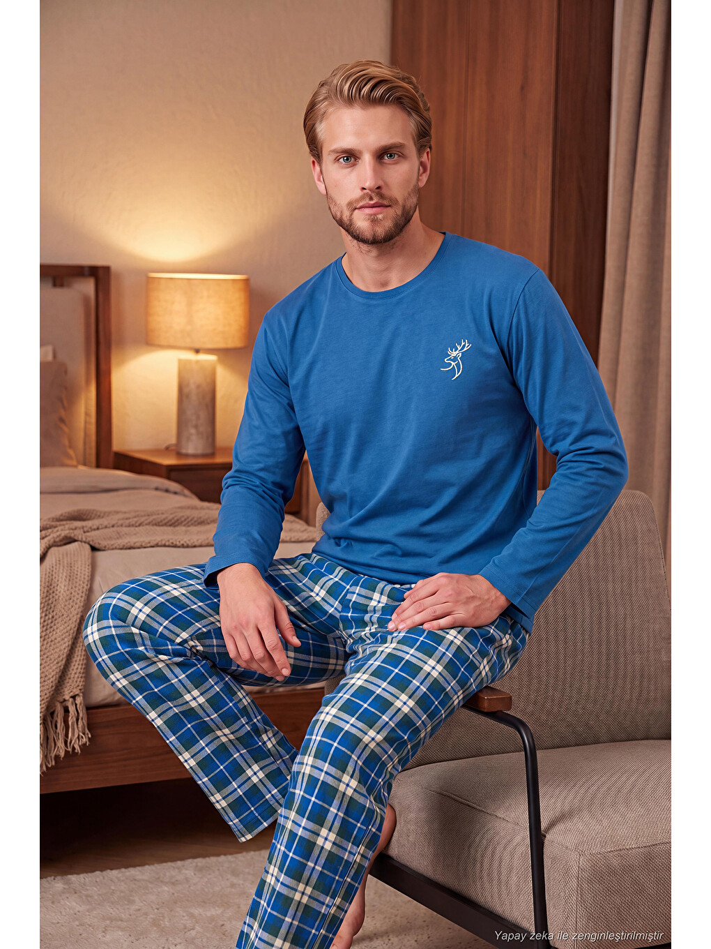 İndigo Ekoseli Pamuklu Bisiklet Yaka Uzun Kollu Pijama Takımı 6575003-1