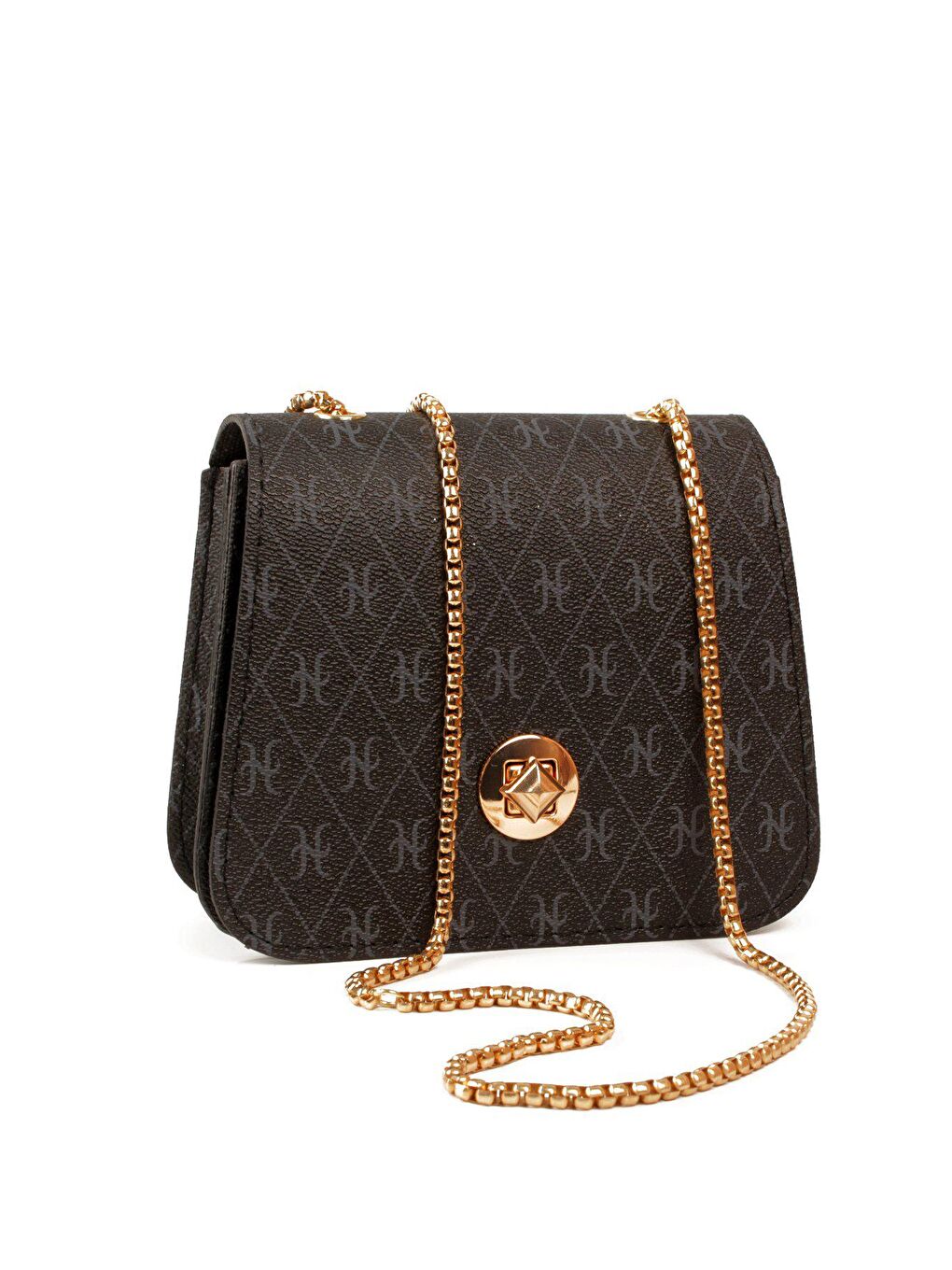 Siyah Kadın Zincir Askılı Desenli Deri Şişe Dibli Kilitli Üst Kapak Kararmaz Aksesuar Omuz Çantası (20815)-2