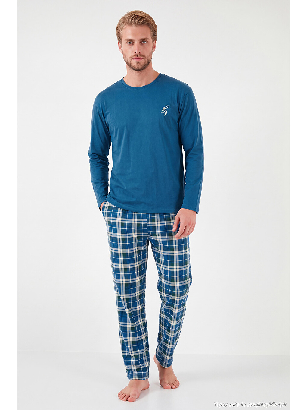 İndigo Ekoseli Pamuklu Bisiklet Yaka Uzun Kollu Pijama Takımı 6575003-2