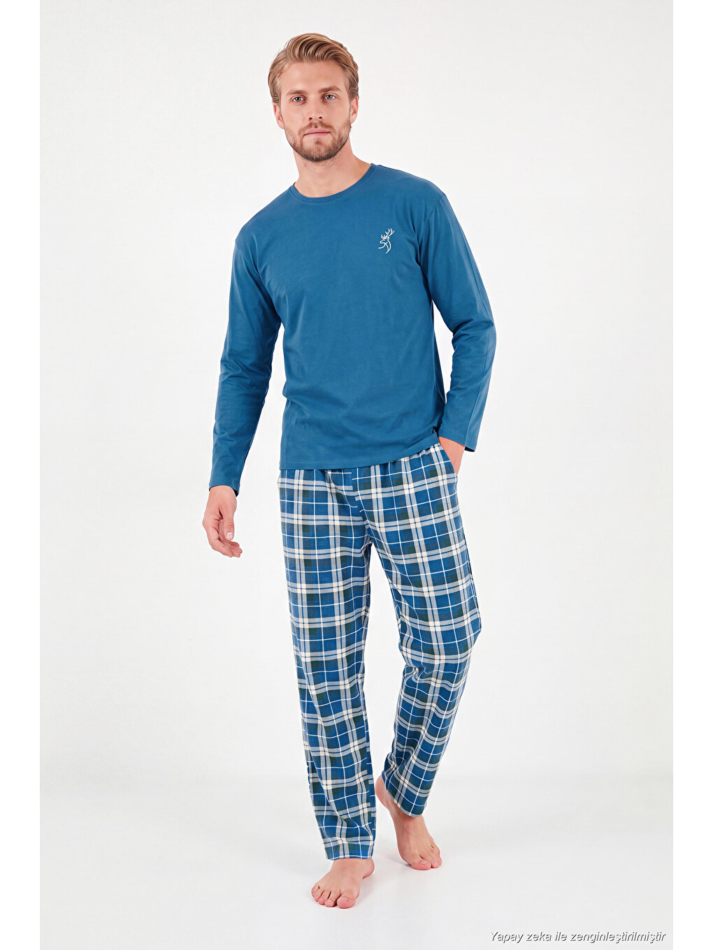 İndigo Ekoseli Pamuklu Bisiklet Yaka Uzun Kollu Pijama Takımı 6575003-3