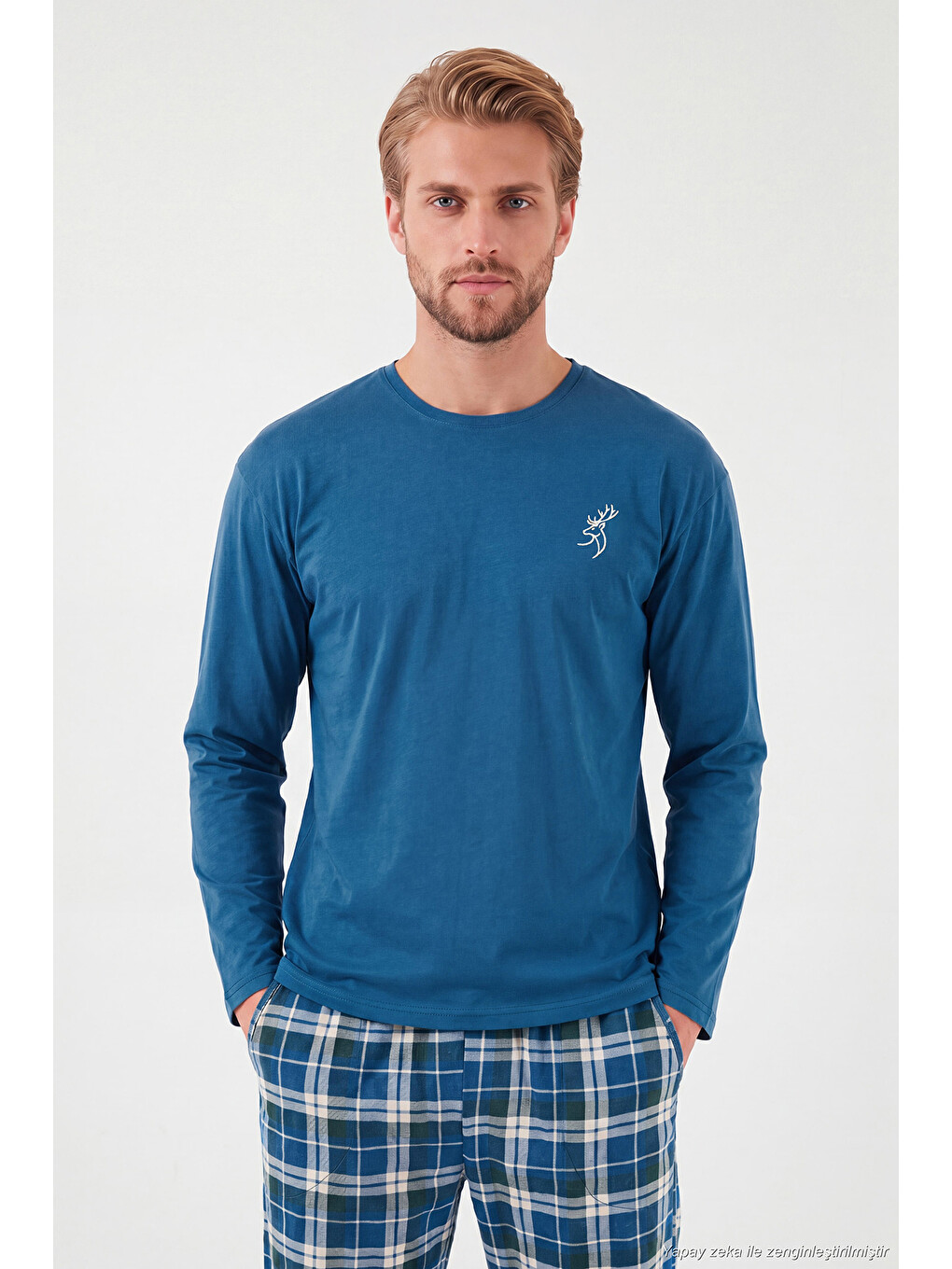 İndigo Ekoseli Pamuklu Bisiklet Yaka Uzun Kollu Pijama Takımı 6575003-4