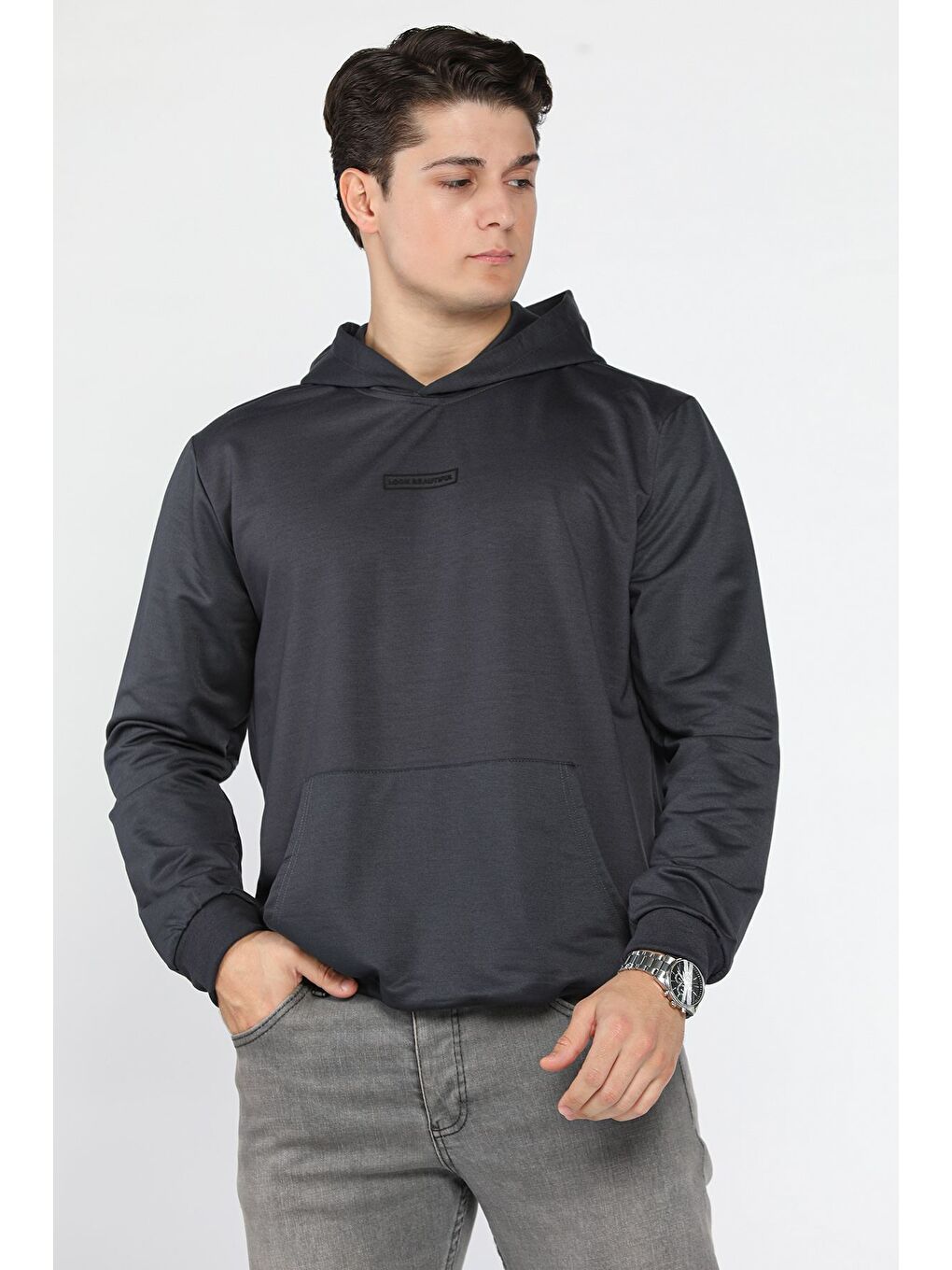 Gri Kapüşonlu Kanguru Cepli Erkek Sweatshirt