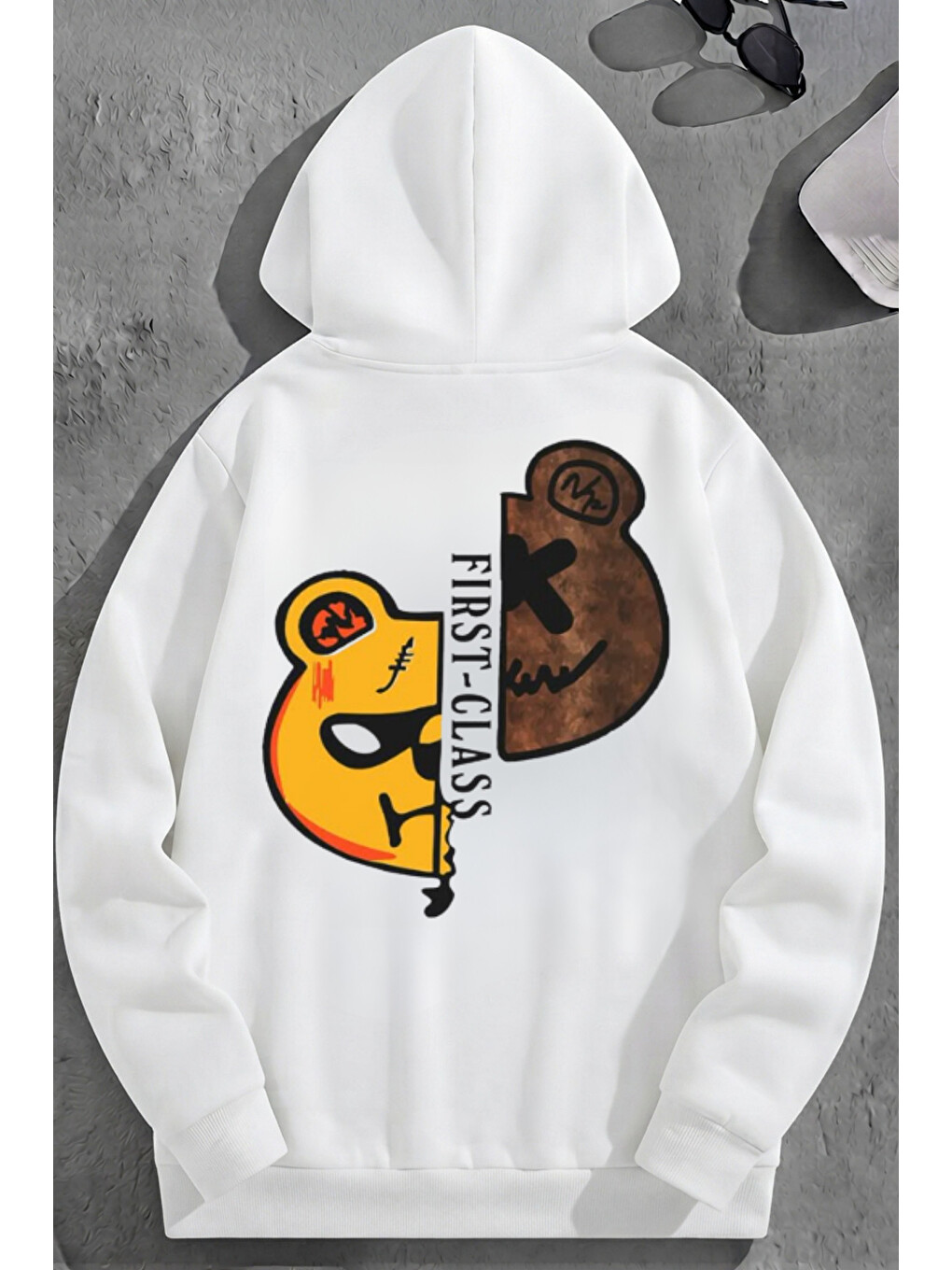 Unisex 3 İplik Pamuklu Beyaz First-class Baskı Bol Kalıp Sweatshirt Hoodie