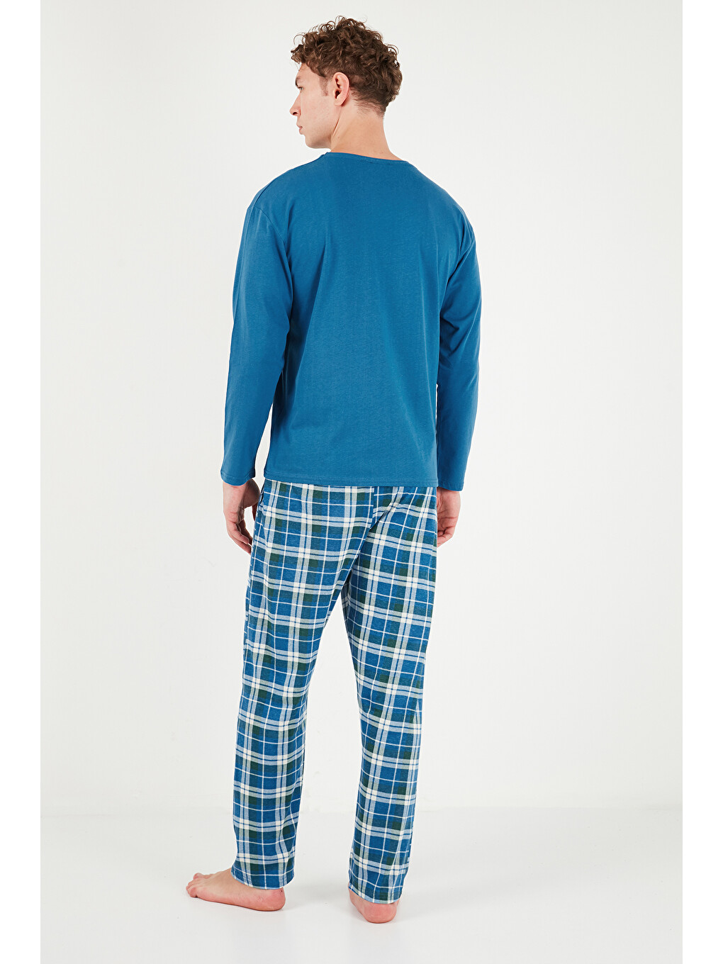 İndigo Ekoseli Pamuklu Bisiklet Yaka Uzun Kollu Pijama Takımı 6575003-6