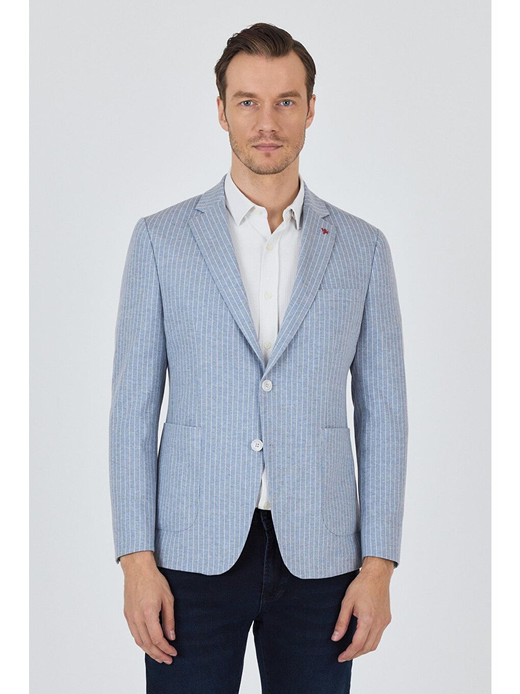 İndigo Mavi Çizgili Desen Örme Kılıç Yaka Pamuklu 6 Drop Slim Fit Casual Ceket 1002250111_320