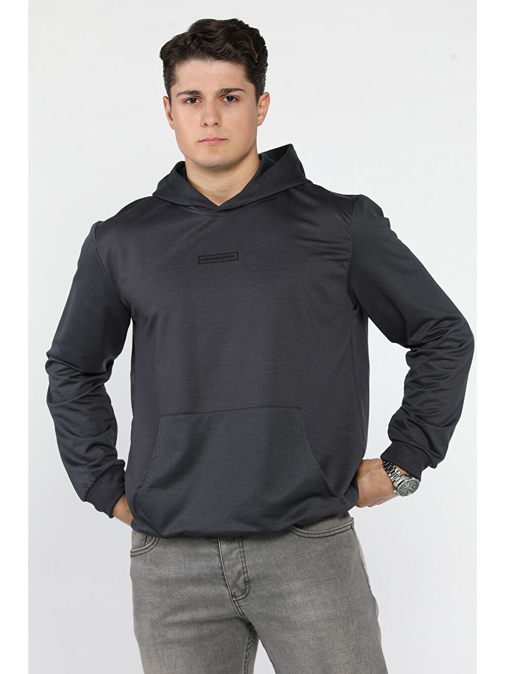Gri Kapüşonlu Kanguru Cepli Erkek Sweatshirt-1