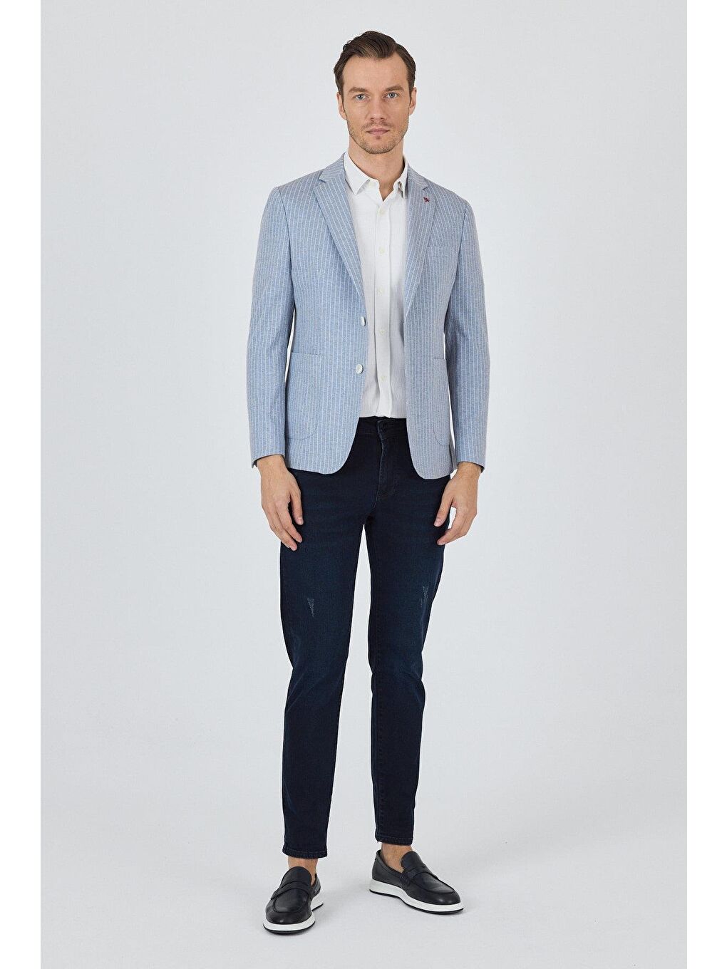 İndigo Mavi Çizgili Desen Örme Kılıç Yaka Pamuklu 6 Drop Slim Fit Casual Ceket 1002250111_320-1