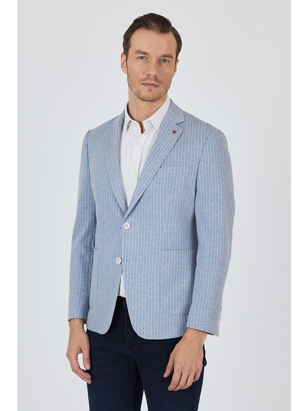 İndigo Mavi Çizgili Desen Örme Kılıç Yaka Pamuklu 6 Drop Slim Fit Casual Ceket 1002250111_320-2