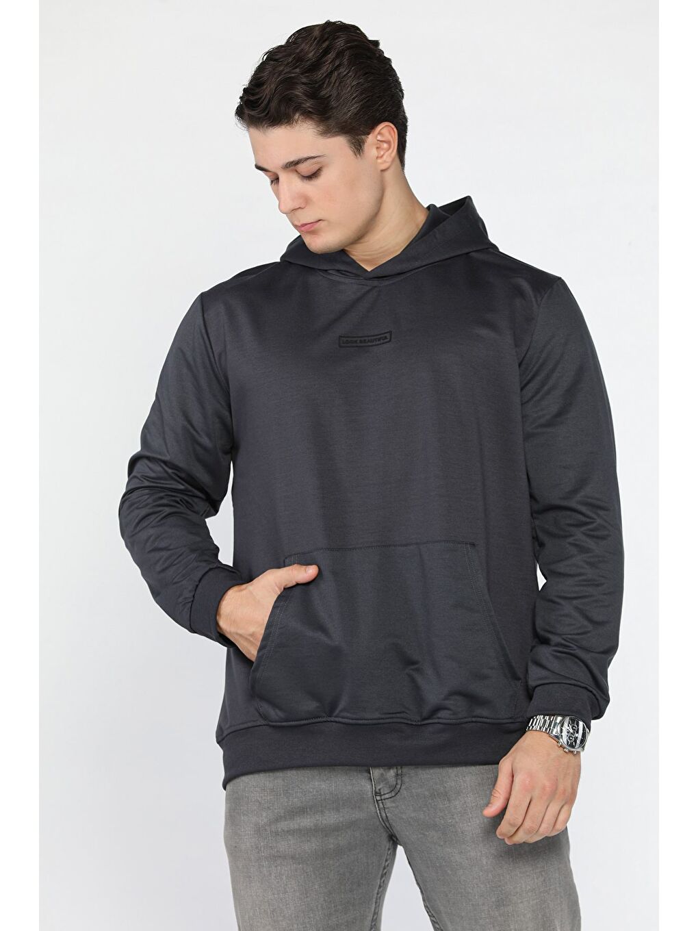 Gri Kapüşonlu Kanguru Cepli Erkek Sweatshirt-2