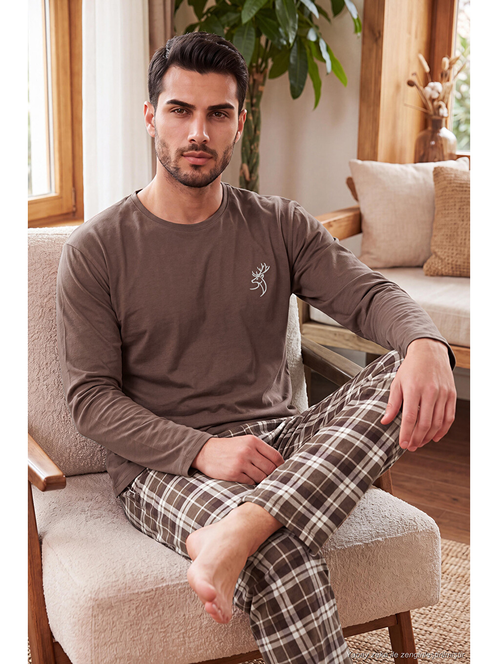 Kahverengi Ekoseli Pamuklu Bisiklet Yaka Uzun Kollu Pijama Takımı 6575003