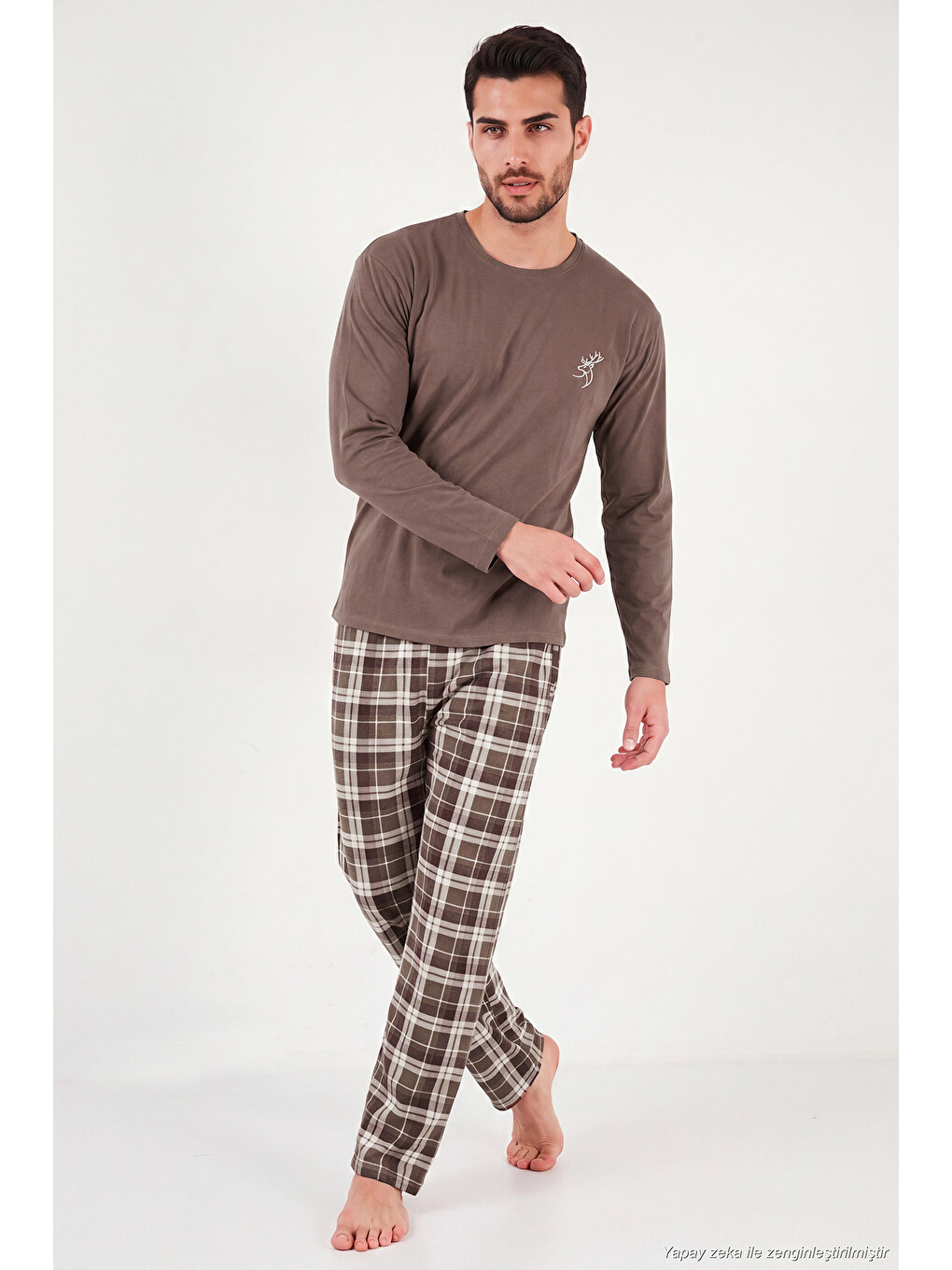 Kahverengi Ekoseli Pamuklu Bisiklet Yaka Uzun Kollu Pijama Takımı 6575003-1