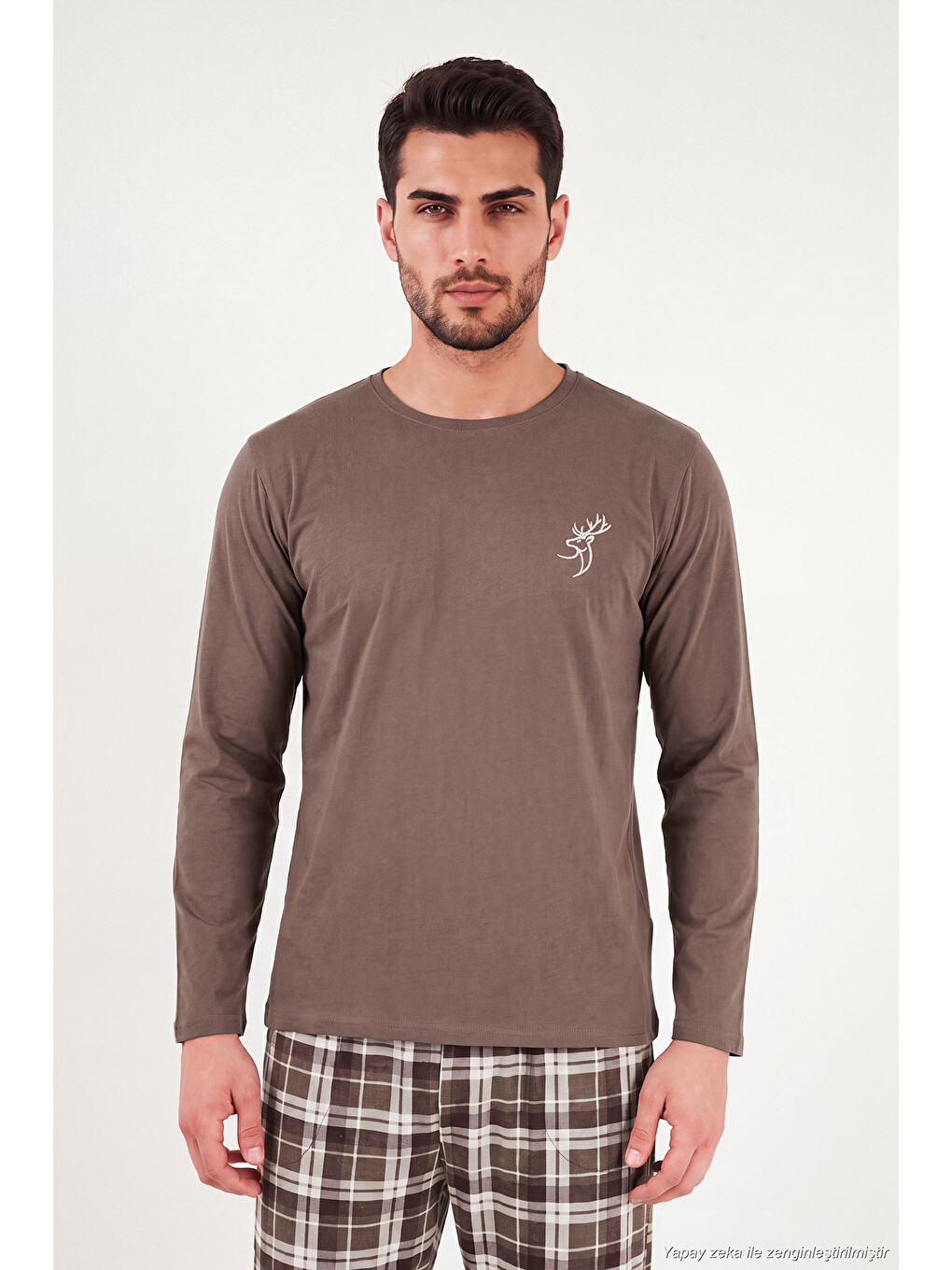 Kahverengi Ekoseli Pamuklu Bisiklet Yaka Uzun Kollu Pijama Takımı 6575003-2