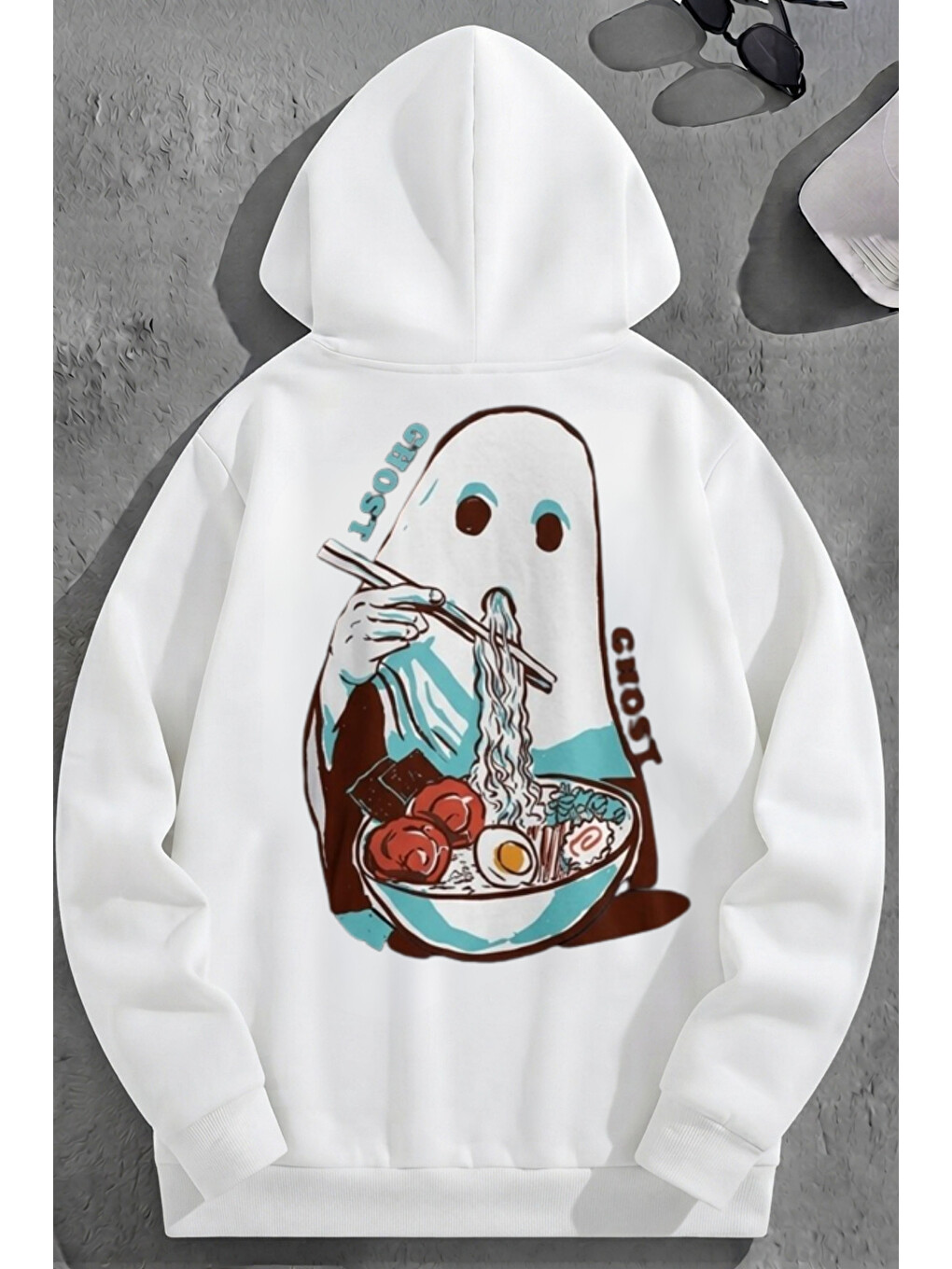 Unisex 3 İplik Pamuklu Beyaz Ghosteats Baskı Bol Kalıp Sweatshirt Hoodie