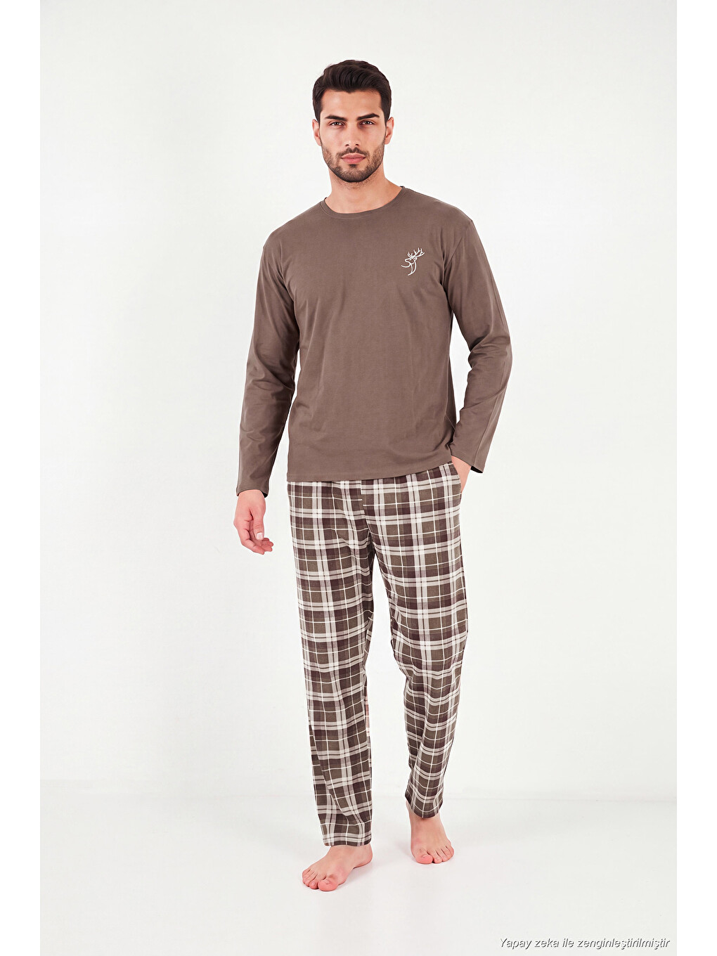 Kahverengi Ekoseli Pamuklu Bisiklet Yaka Uzun Kollu Pijama Takımı 6575003-4