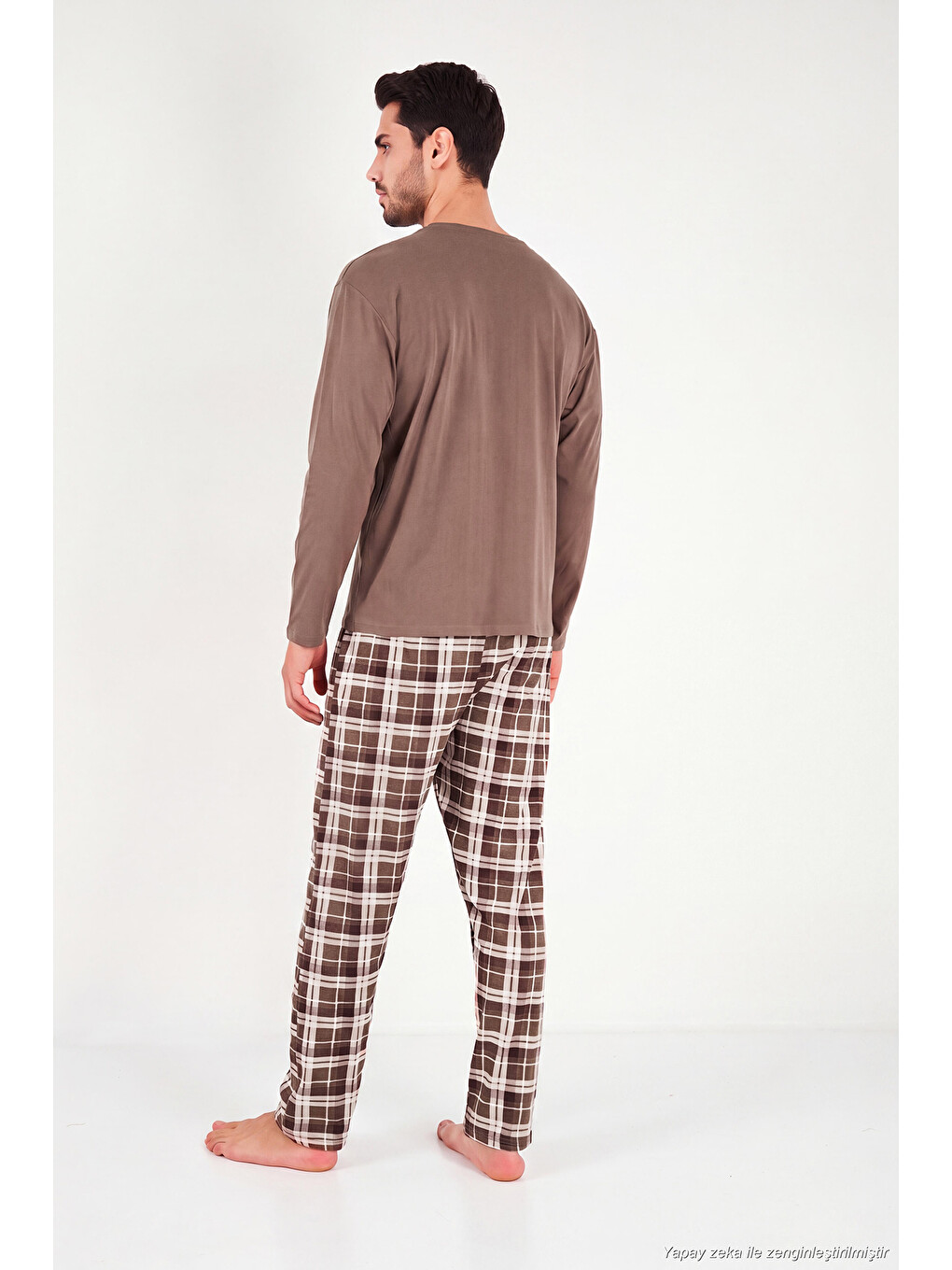 Kahverengi Ekoseli Pamuklu Bisiklet Yaka Uzun Kollu Pijama Takımı 6575003-6