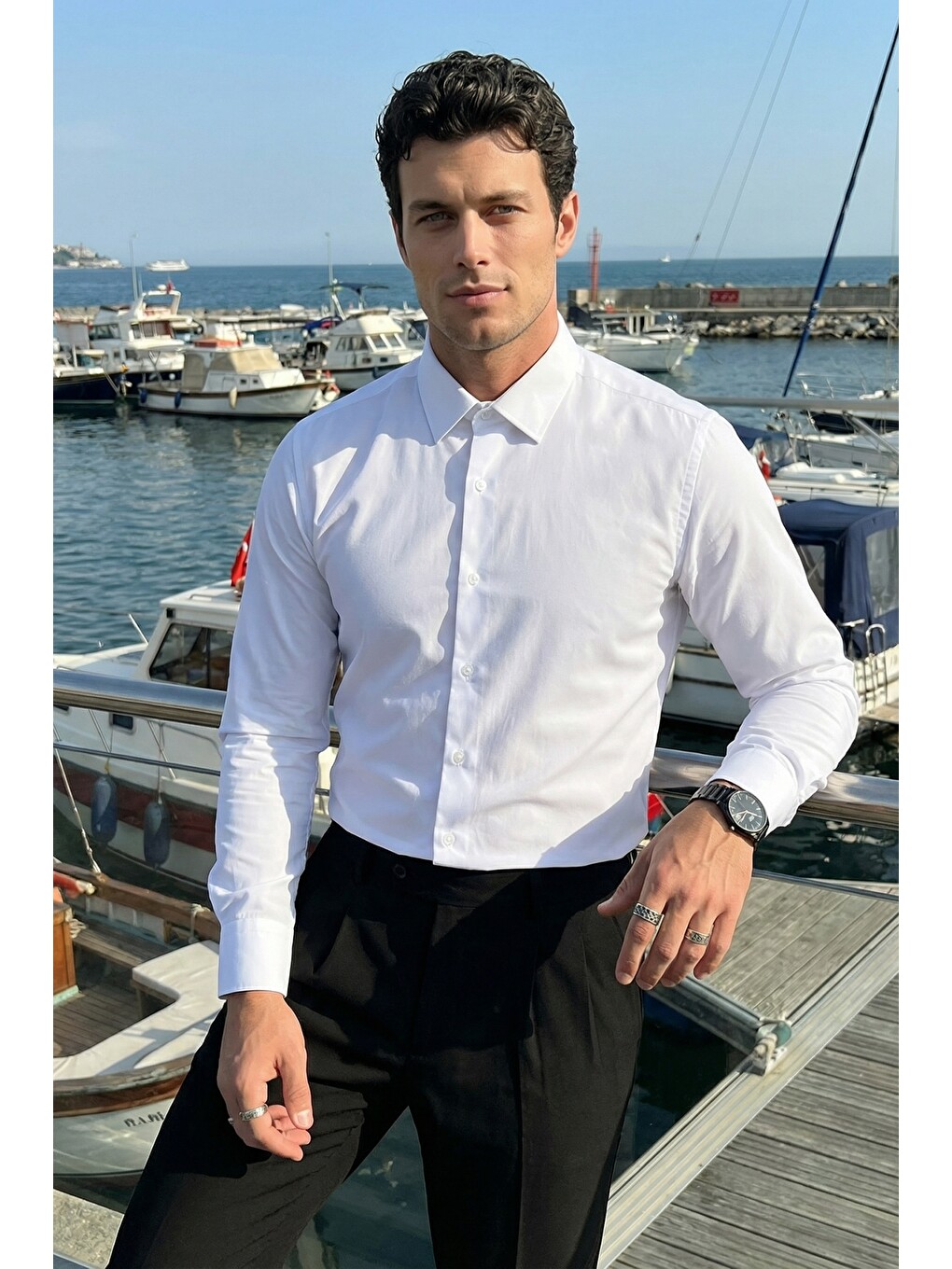 Beyaz Erkek Slim Fit 4 Mevsim Kolay Ütülenir Basic Düz Gömlek-1