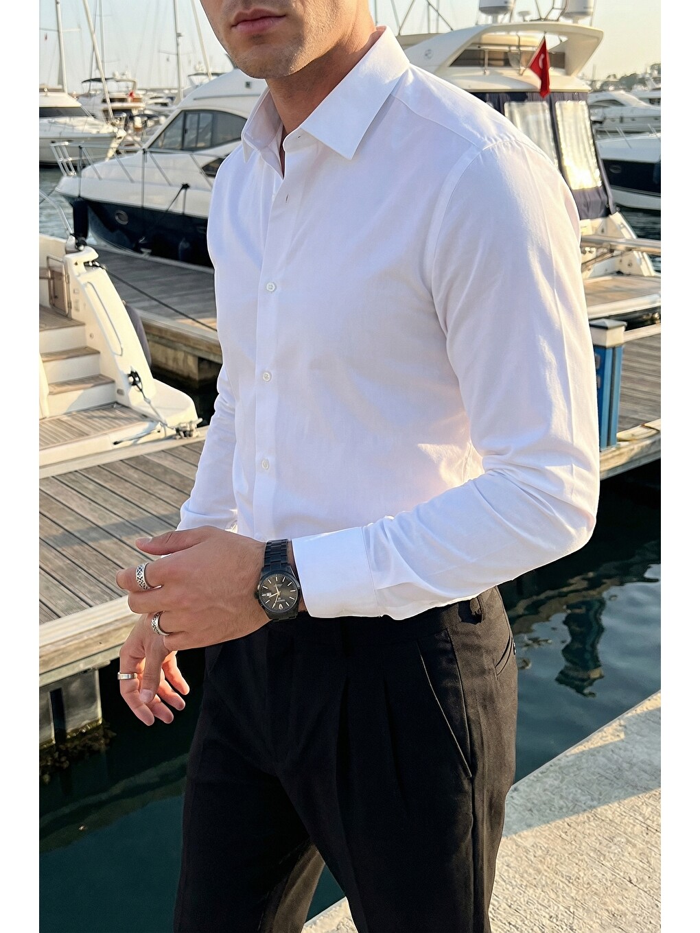 Beyaz Erkek Slim Fit 4 Mevsim Kolay Ütülenir Basic Düz Gömlek-2