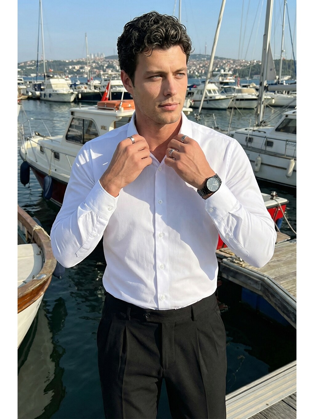 Beyaz Erkek Slim Fit 4 Mevsim Kolay Ütülenir Basic Düz Gömlek-3