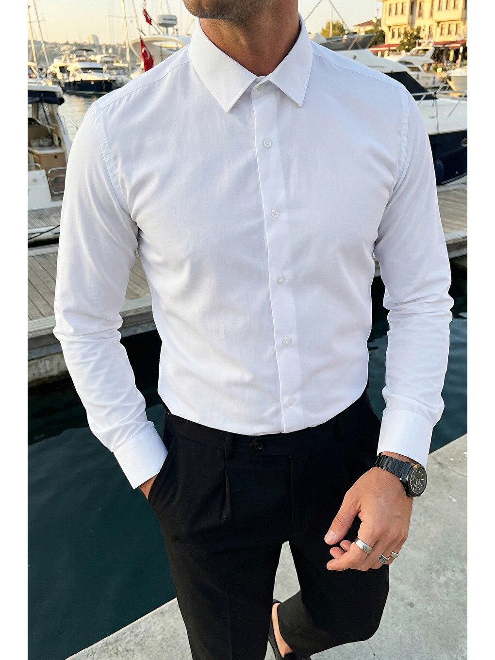 Beyaz Erkek Slim Fit 4 Mevsim Kolay Ütülenir Basic Düz Gömlek-4