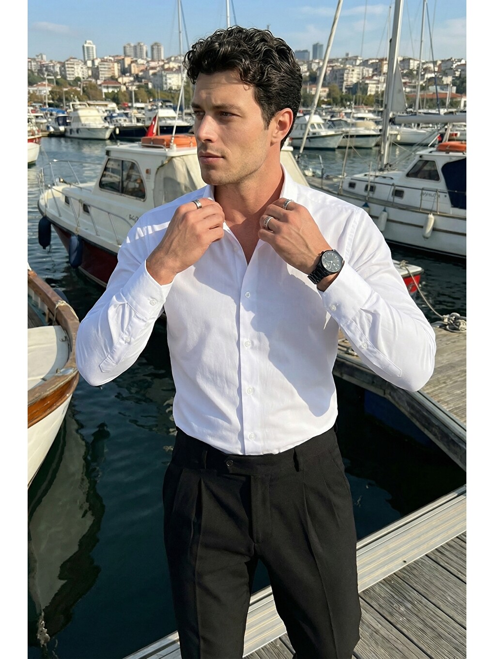 Beyaz Erkek Slim Fit 4 Mevsim Kolay Ütülenir Basic Düz Gömlek-5