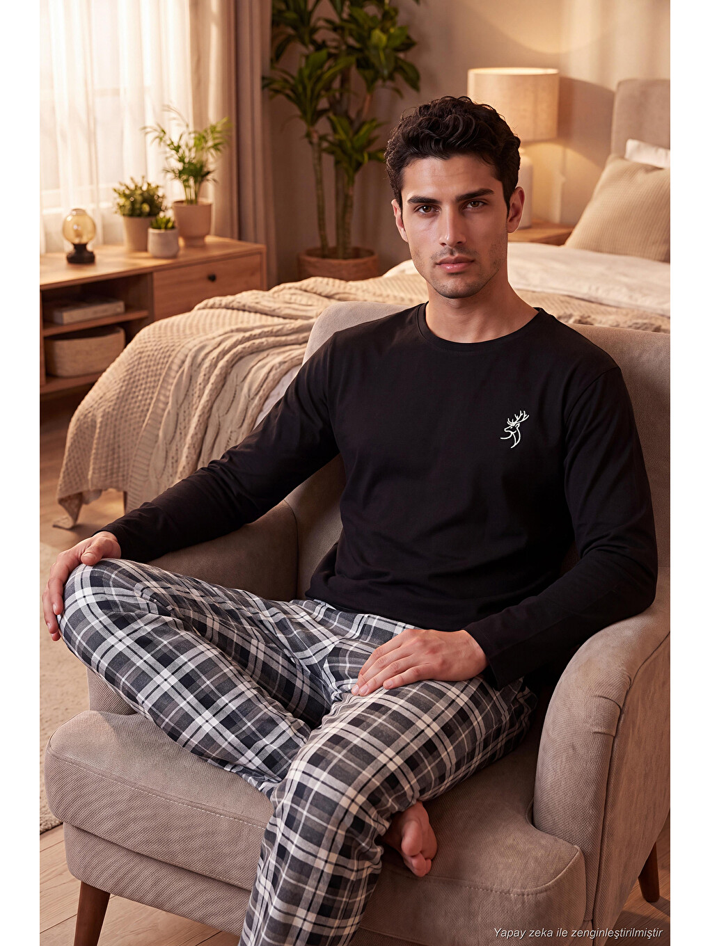 Siyah Ekoseli Pamuklu Bisiklet Yaka Uzun Kollu Pijama Takımı 6575003-1