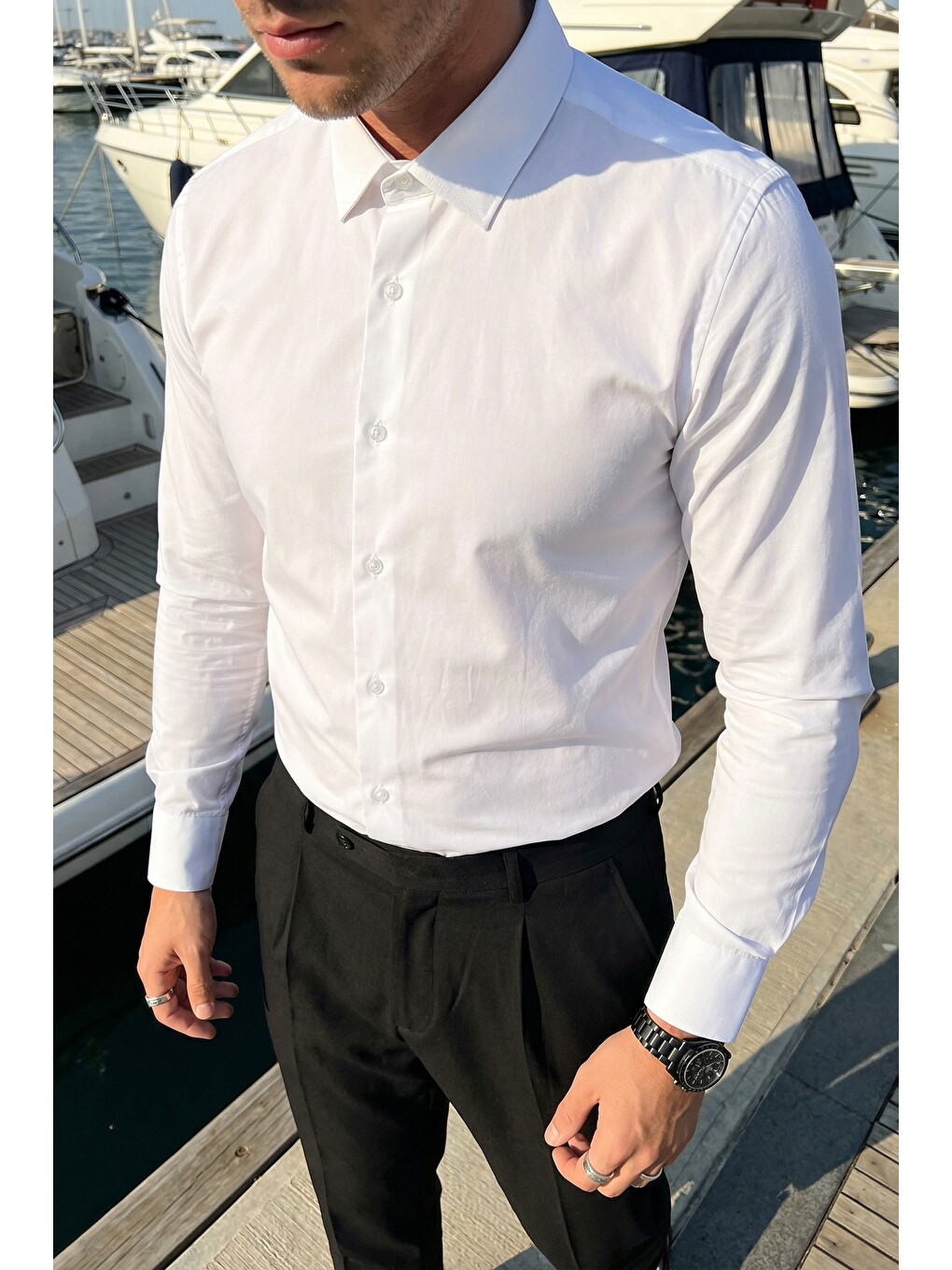 Beyaz Erkek Slim Fit 4 Mevsim Kolay Ütülenir Basic Düz Gömlek-6