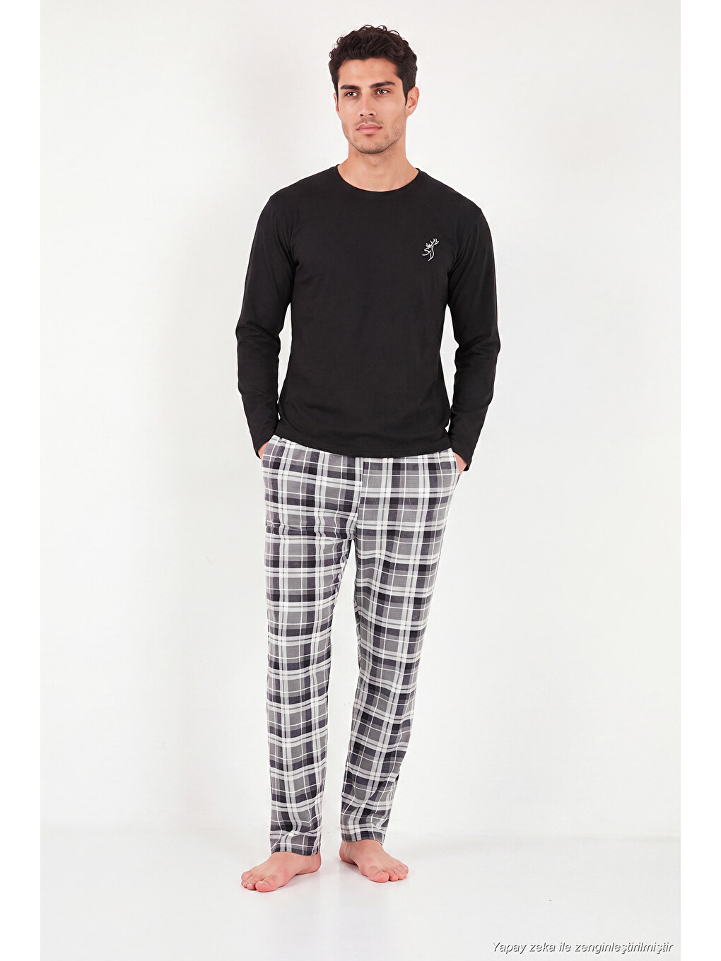 Siyah Ekoseli Pamuklu Bisiklet Yaka Uzun Kollu Pijama Takımı 6575003-2