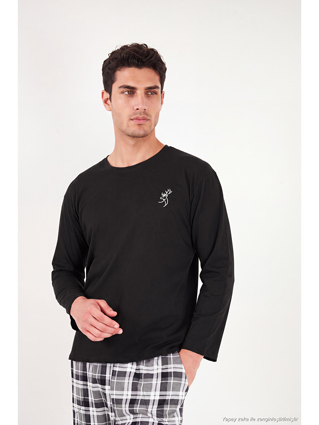 Siyah Ekoseli Pamuklu Bisiklet Yaka Uzun Kollu Pijama Takımı 6575003-3