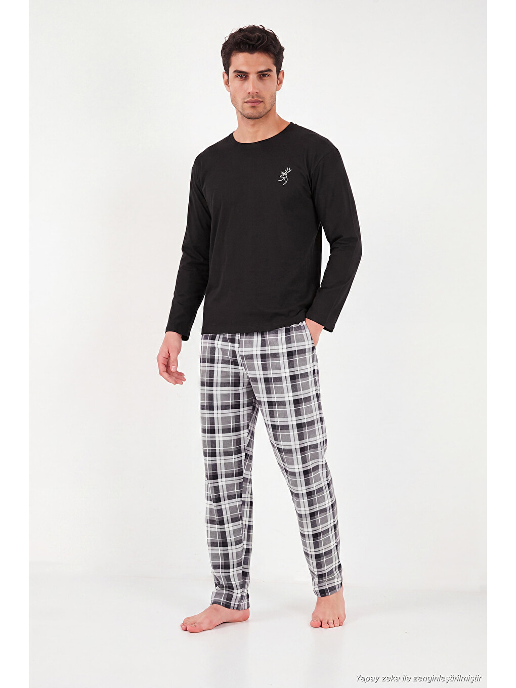 Siyah Ekoseli Pamuklu Bisiklet Yaka Uzun Kollu Pijama Takımı 6575003-4