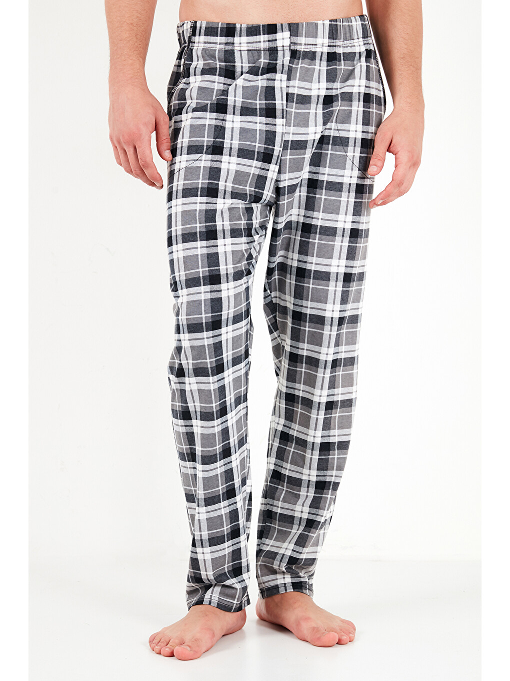 Siyah Ekoseli Pamuklu Bisiklet Yaka Uzun Kollu Pijama Takımı 6575003-5