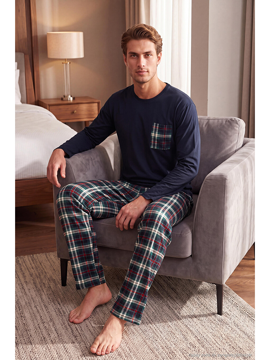Lacivert Ekoseli Cepli Beli Lastikli % 100 Pamuk Regular Fit Erkek Pijama Takımı 6572001