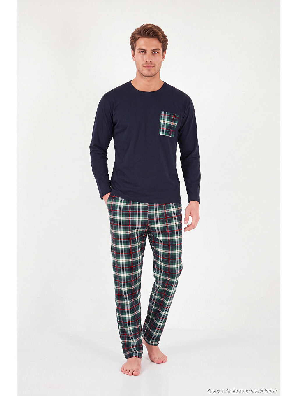 Lacivert Ekoseli Cepli Beli Lastikli % 100 Pamuk Regular Fit Erkek Pijama Takımı 6572001-1