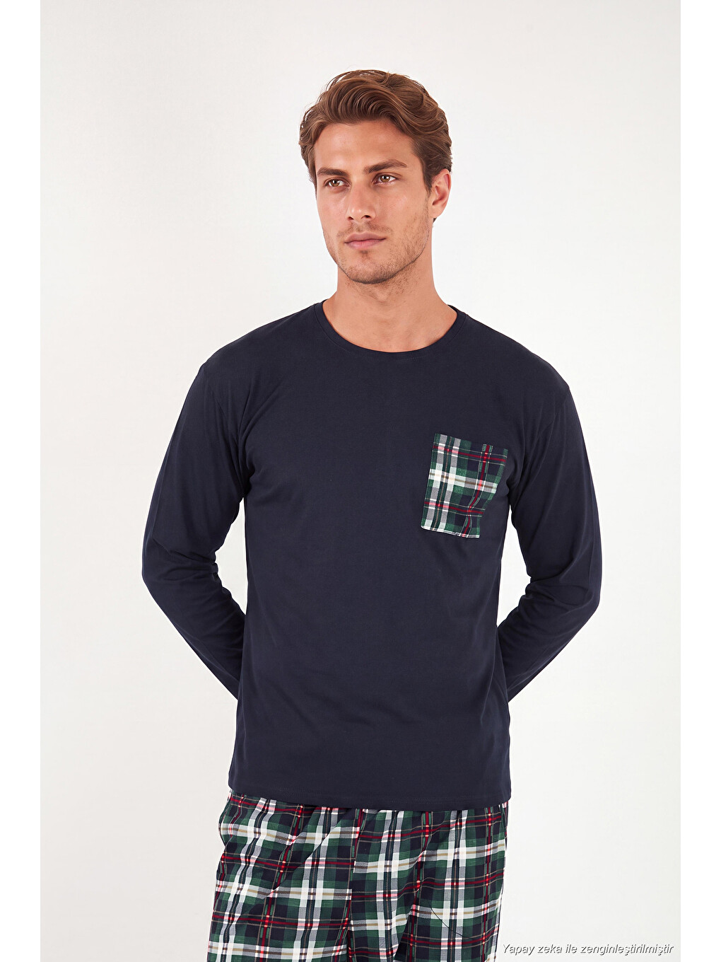 Lacivert Ekoseli Cepli Beli Lastikli % 100 Pamuk Regular Fit Erkek Pijama Takımı 6572001-2