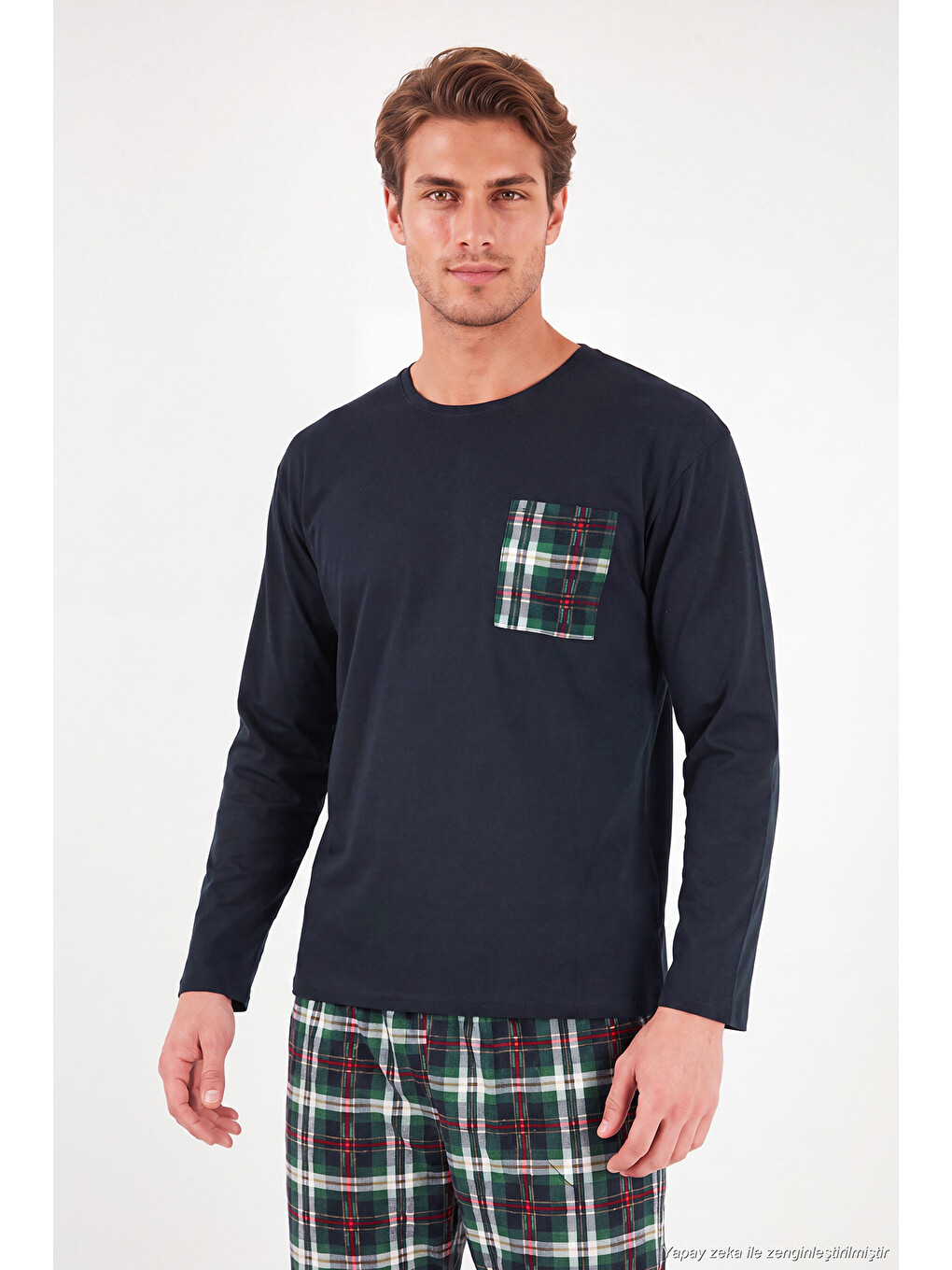 Lacivert Ekoseli Cepli Beli Lastikli % 100 Pamuk Regular Fit Erkek Pijama Takımı 6572001-3