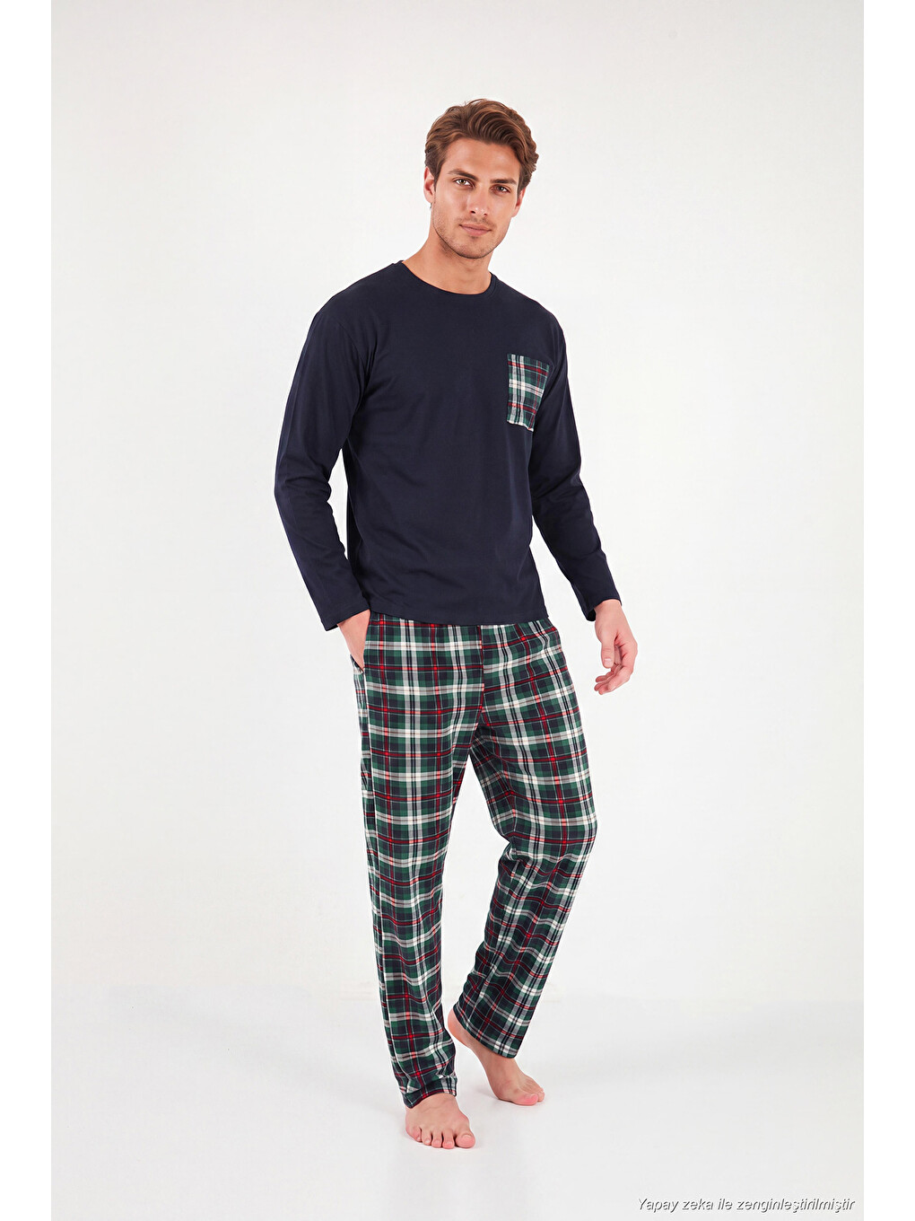 Lacivert Ekoseli Cepli Beli Lastikli % 100 Pamuk Regular Fit Erkek Pijama Takımı 6572001-5