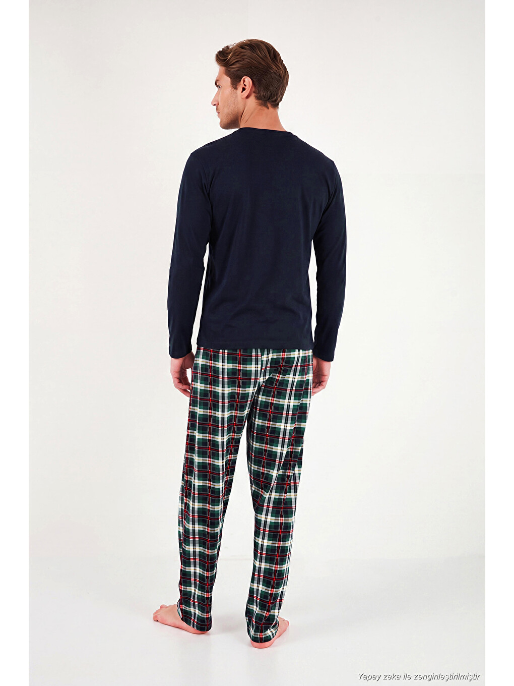 Lacivert Ekoseli Cepli Beli Lastikli % 100 Pamuk Regular Fit Erkek Pijama Takımı 6572001-6