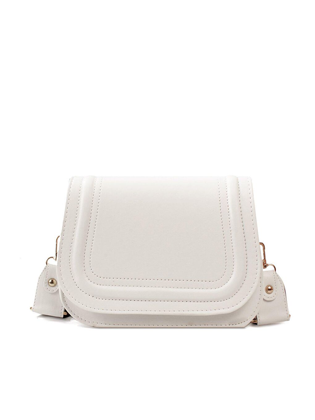 Beyaz Kadın Üç Bölmeli Dokuma Kolon Askılı Çıtçıtlı Üst Kapak Kararmaz Aksesuarlı Omuz Çantası (1813)-1