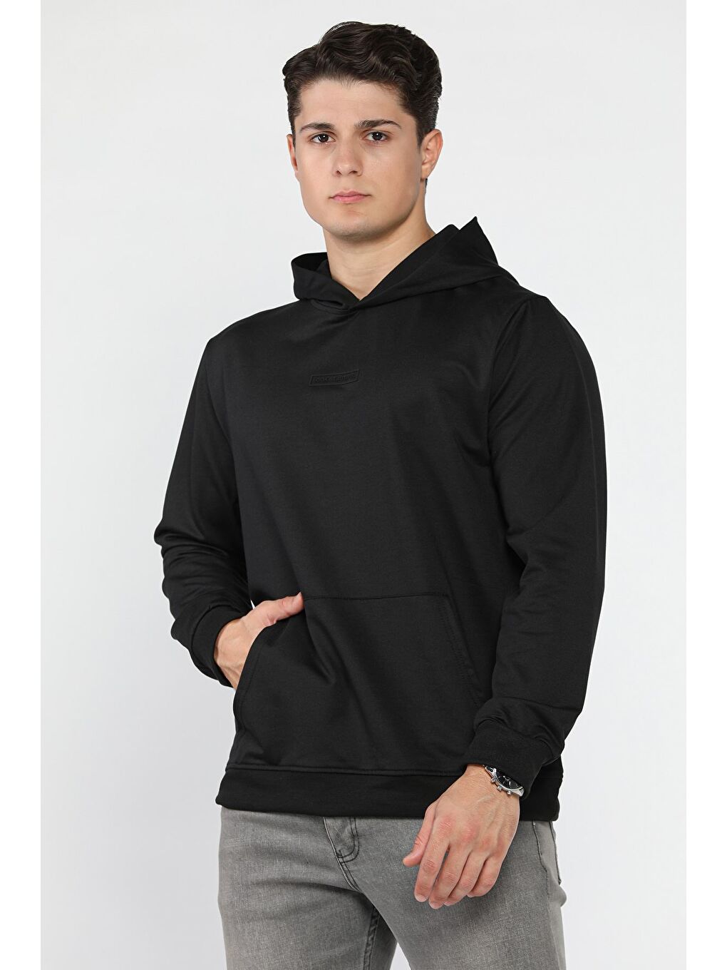 Siyah Kapüşonlu Kanguru Cepli Erkek Sweatshirt-1